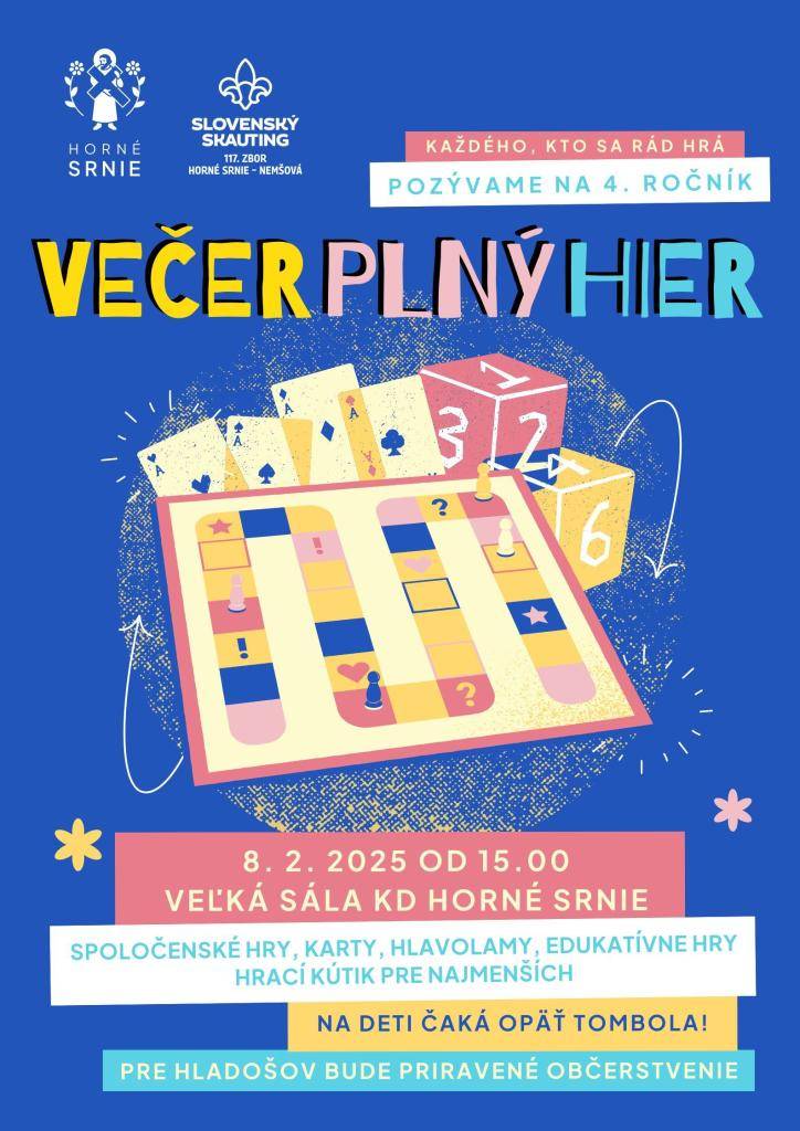 Srdečne vás pozývame na večer plný hier, kde si môžete užiť zábavu a priateľské súťaženie. Tešíme sa na vašu účasť a spoločné prežitie príjemného večera.