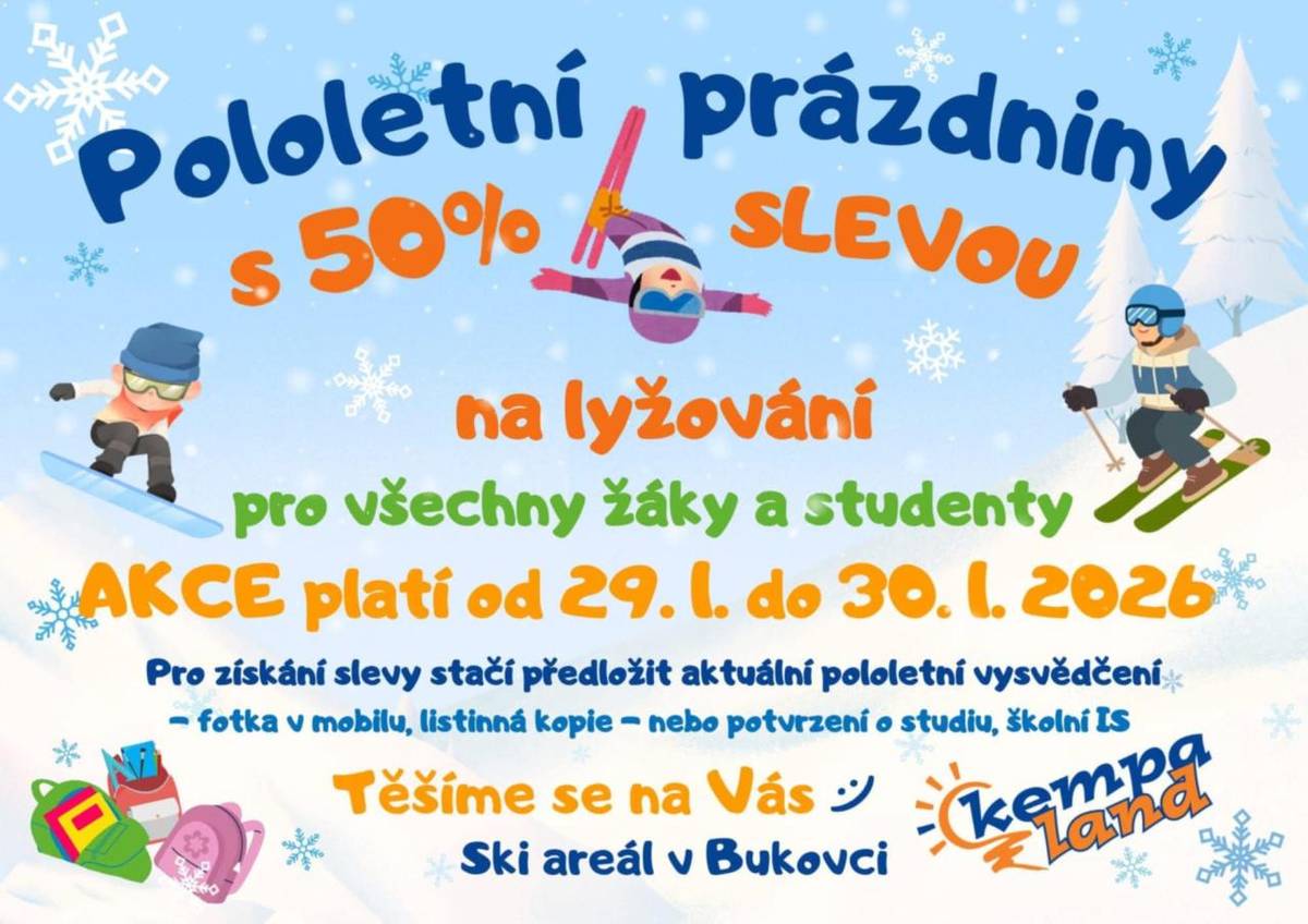Pololetní prázdniny ve Ski areálu v Bukovci s 50 % slevou