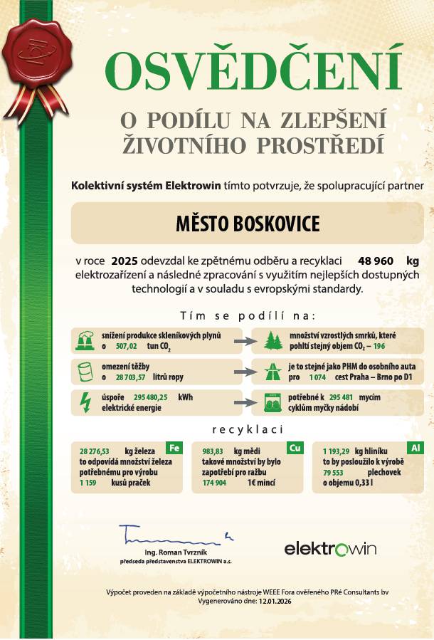 Díky obyvatelům se město Boskovice může za rok 2025 pochlubit výsledky sběru vysloužilého elektrozařízení předaného ke zpětnému odběru společnosti Elektrowin o celkové hmotnosti 48,96 t. Každý obyvatel tak odevzdal průměrně 3,91 kg spotřebičů. Ušetřili jsme tak spotřebu elektřiny a snížili produkci skleníkových plynů. Nespotřebovali jsme ropu, železnou rudu, měď a hliník, které jsou potřebné pro průmyslovou výrobu. Nahradili jsme je právě recyklací odevzdaných spotřebičů.