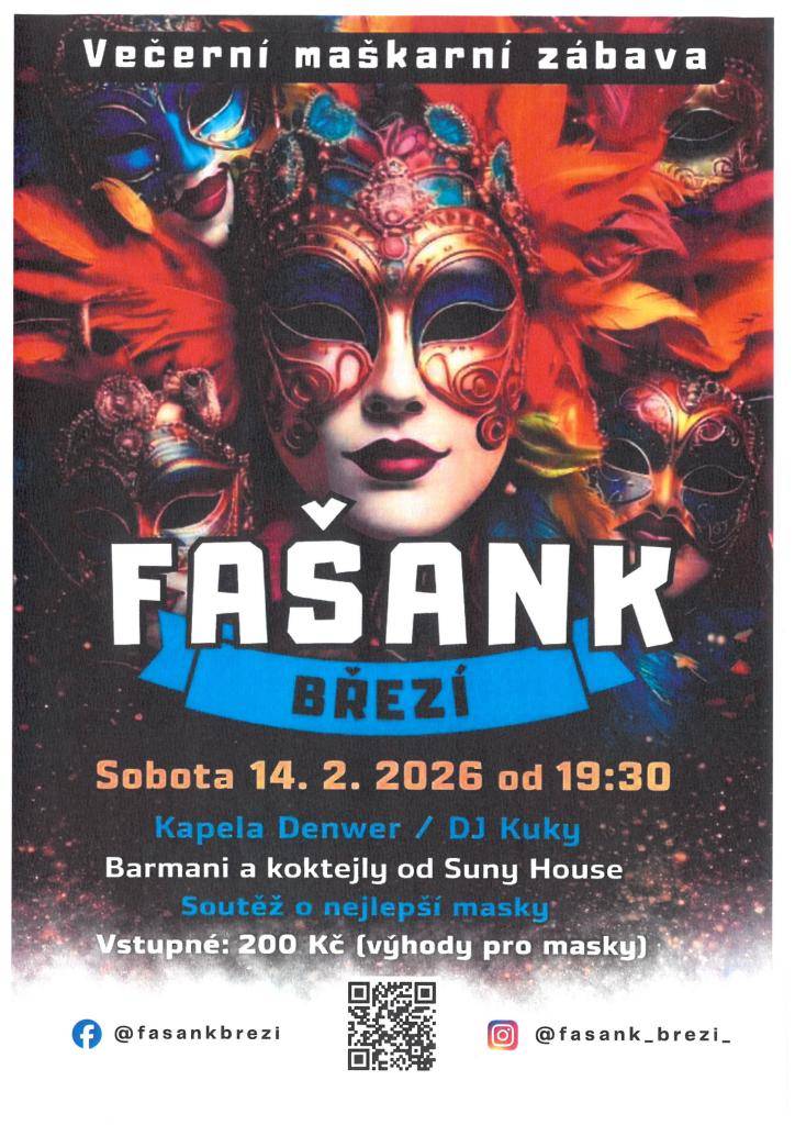 Zveme vás na večerní maškarní zábavu, která se koná v sobotu 14. února 2026 od 19:30. Těšit se můžete na skvělé koktejly od barmanů ze Suny House M. Vstupné činí 200 Kč. Je připravena soutěž o nejlepší masky.