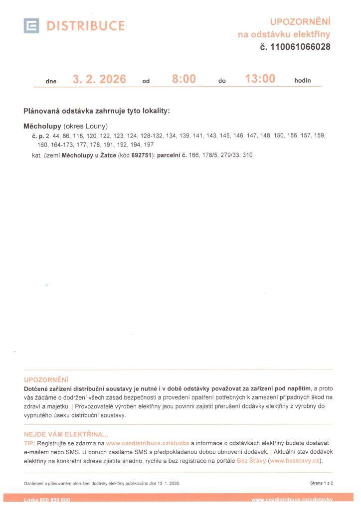 3.ÚNORA 2026 OD 08:00 DO 13:00HODIN  Plánovaná odstávka zahrnuje lokality uvedené v přiloženém letáku.