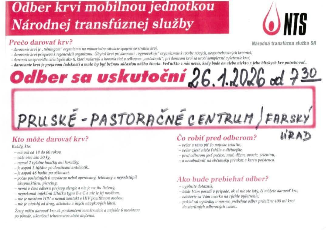 Odber krvi v Pruskom v Pastoračnom centre dňa 26.1.2026 od 7.30 hod.