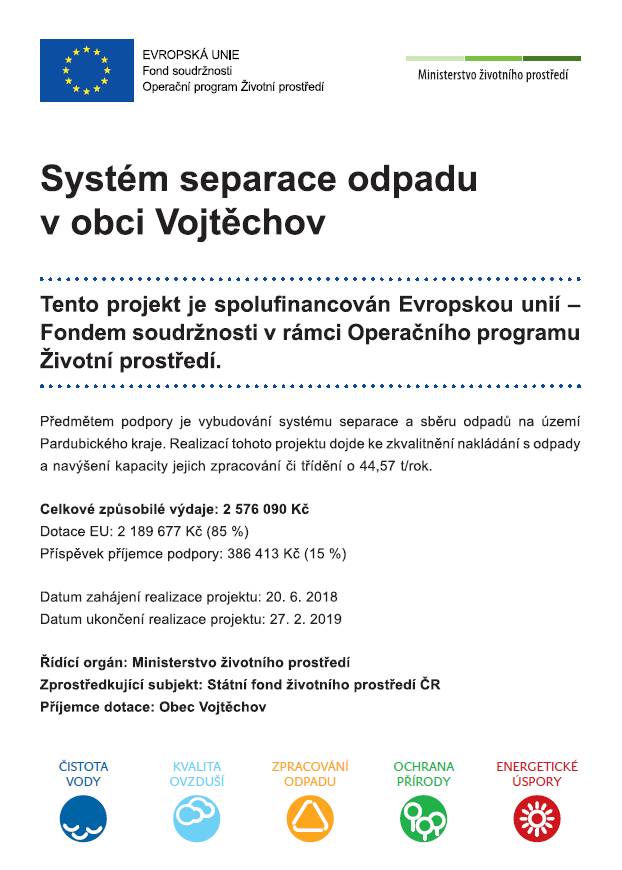Předmětem podpory je vybudování systému separace a sběru odpadů na území Pardubického kraje. Realizací tohoto projektu dojde ke zkvalitnění nakládání s odpady a navýšení kapacity jejich zpracování i třídění o 44,57 t/rok.