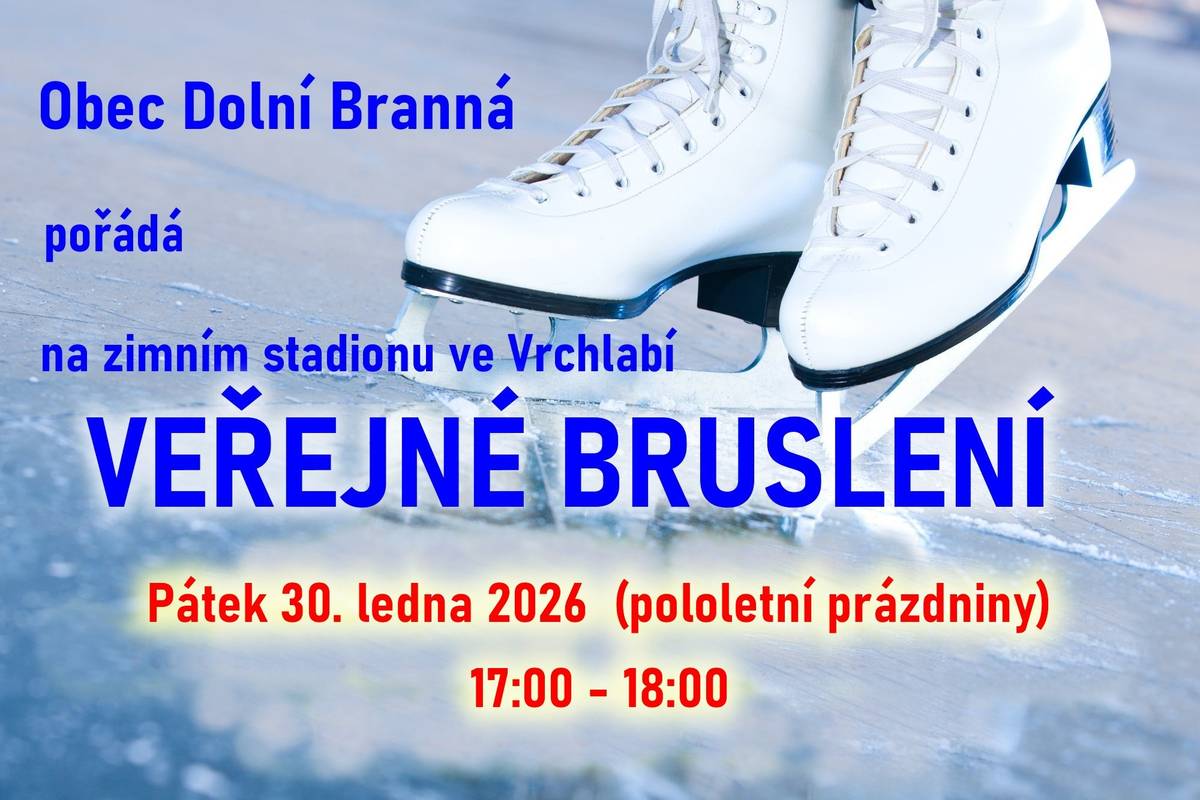Veřejné bruslení pro dolnobranské občany na zimním stadionu ve Vrchlabí se uskuteční v pátek 30. ledna 2026 (pololetní prázdniny) v čase od 17 do 18 hodin.