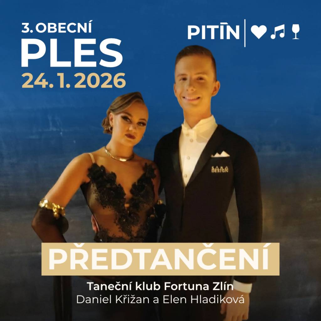 ZAČÁTEK PLESU V 19.30 / Jako při každé obecní akci představujeme interprety a co nás čeká. 3. OBECNÍ PLES zahájí stejně jako v minulých letech předtančení z Tanečního klubu Fortuna Zlín, tentokrát v podání taneční dvojice Daniel Křižan a Elen Hladíková.