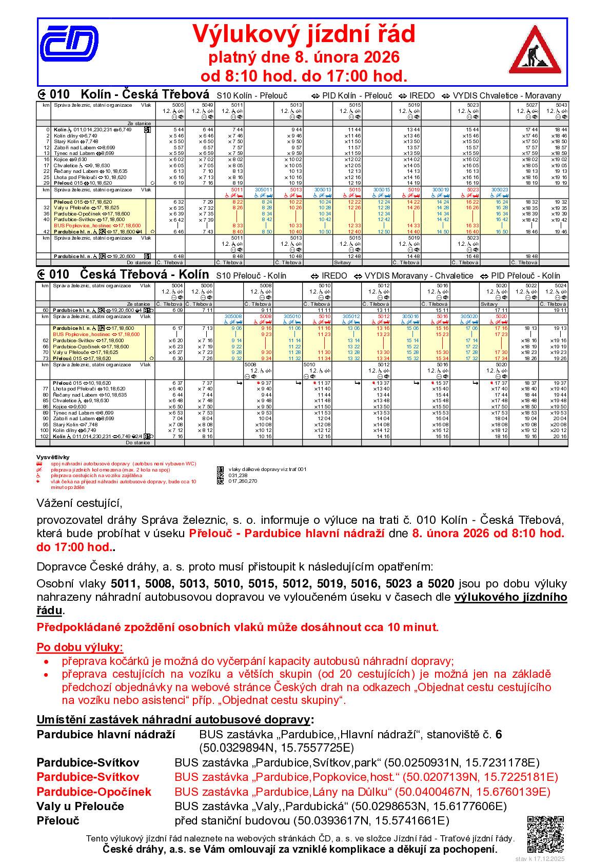 Provozovatel dráhy Správa železnic, s. o. informuje o výluce traťové koleje na železniční trati číslo 010 Kolín - Česká Třebová, která bude probíhat v úseku Přelouč - Pardubice hlavní nádraží v neděli 8. února 2026 od 8:10 hod. do 17:00 hod.. Výluka je za účelem odstranění porostu podél trati a údržby trakčního vedení.  Dopravce České dráhy, a. s. proto musí přistoupit k následujícím opatřením: Osobní vlaky 5011, 5008, 5013, 5010, 5015, 5012, 5019, 5016, 5023 a 5020 jsou nahrazeny náhradní autobusovou dopravou ve vyloučeném úseku v časech dle výlukového jízdního řádu.   Upozornění Po dobu výluky nebude v úseku s náhradní autobusovou dopravou garantována služba uvedená v jízdním řádu u jednotlivých vlaků - tzn. "Přeprava spoluzavazadel".  Přeprava kočárků bude možná pouze do vyčerpání kapacity autobusu náhradní dopravy.  Za komplikace způsobené výlukou se omlouváme!