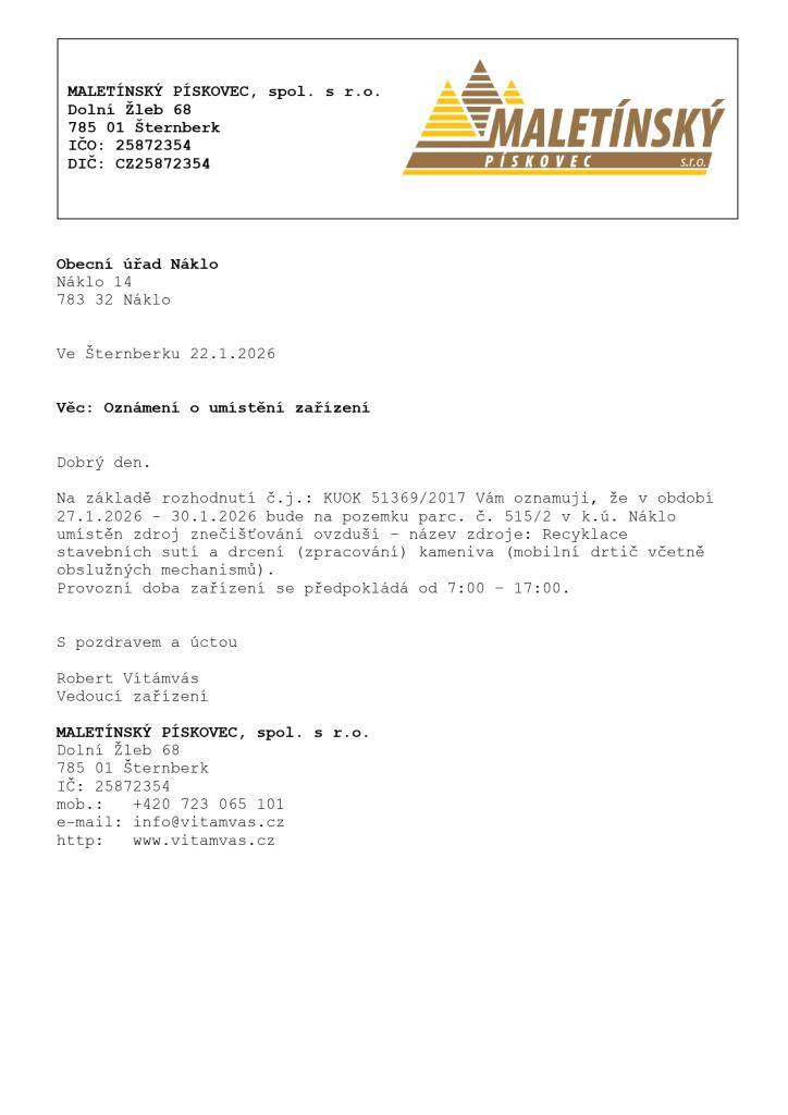 Oznámení o umístění zdroje znečišťování ovzduší