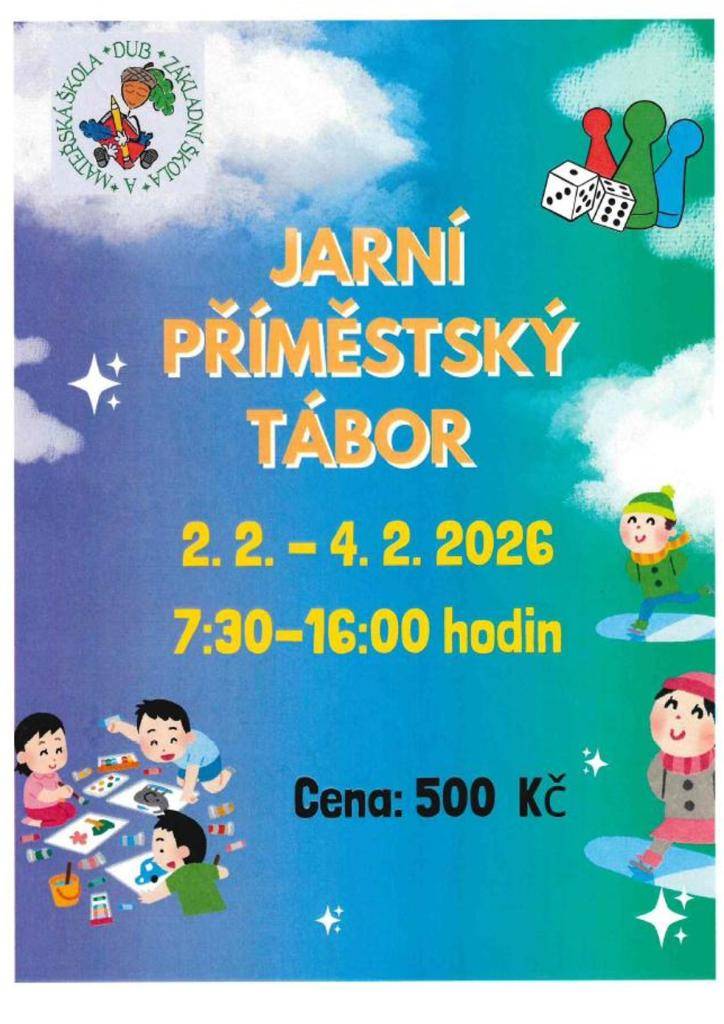 O jarních prázdninách proběhne ve školní družině jarní příměstský tábor. Na žáky čeká bohatý program. Tvořivé dílny, bruslení, hraní deskových her.