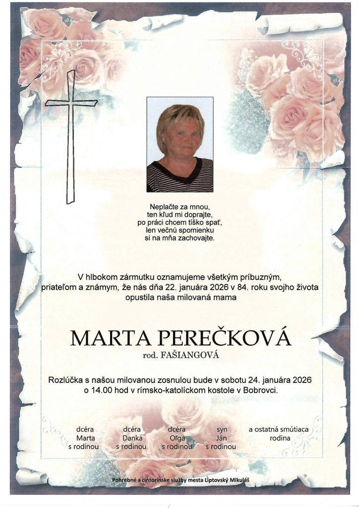 Smútočné oznámenie Marta Perečková