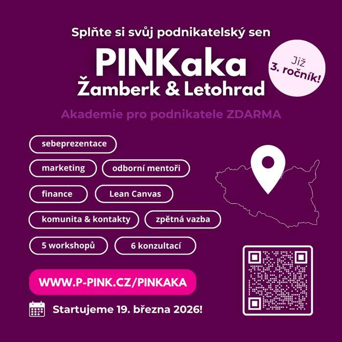 Třetí ročník Akademie podnikání PINKaka 2026 se uskuteční díky unikátnímu partnerství měst Žamberk a Letohrad, které svým spojením podporuje rozvoj podnikání v celém regionu. Programem v minulých ročnících prošly již více než dvě desítky absolventů a je určen všem, kdo chtějí posunout své podnikání dál nebo začít něco nového. Akademie tak přináší systematickou podporu podnikavosti přímo do regionu a propojuje lidi, nápady i zkušenosti napříč obory.