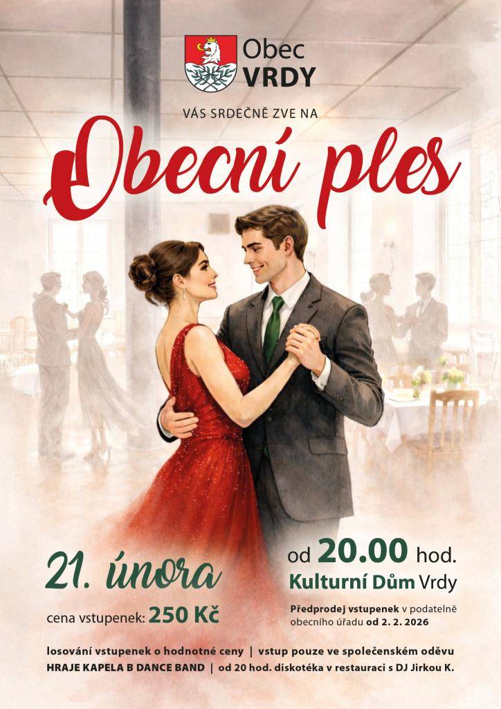 Obec Vrdy zve na Obecní ples, který se koná 21.2.2026 od 20.00 hod. v Kulturním domě ve Vrdech.