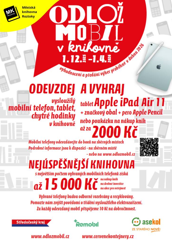 Městská knihovna Roztoky se opět stala sběrným místem.    ODEVZDEJ v městské knihovně do 1. 4. 2026 vysloužilý mobilní telefon, tablet, chytré hodinky a VYHRAJ.    Vybrané telefony budou odborně zrecyklovány. Pomozte nám zvýšit povědomí o třídění vysloužilého elektrozařízení.