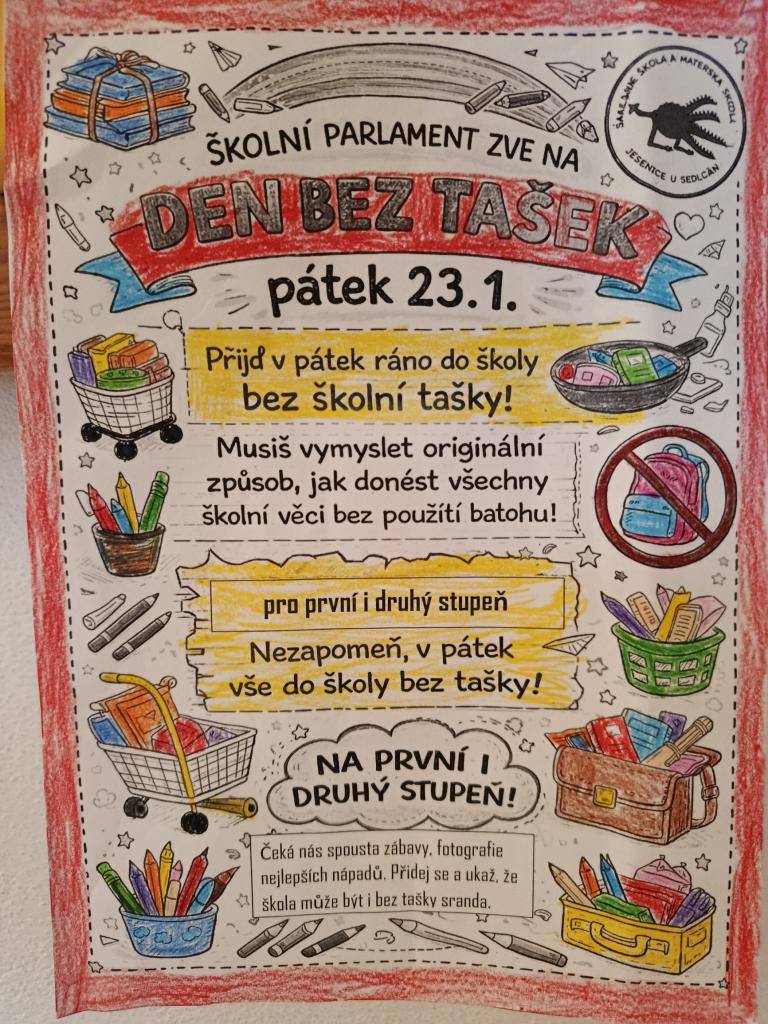 V pátek 23. ledna 2026 připravil školní parlament pro všechny žáky naší školy zábavnou a ne-tradiční akci s názvem Den bez tašek.