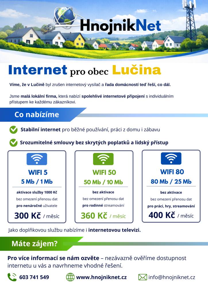 Nabídka připojení internetu pro obec Lučina naleznete v přiloženém letáku.