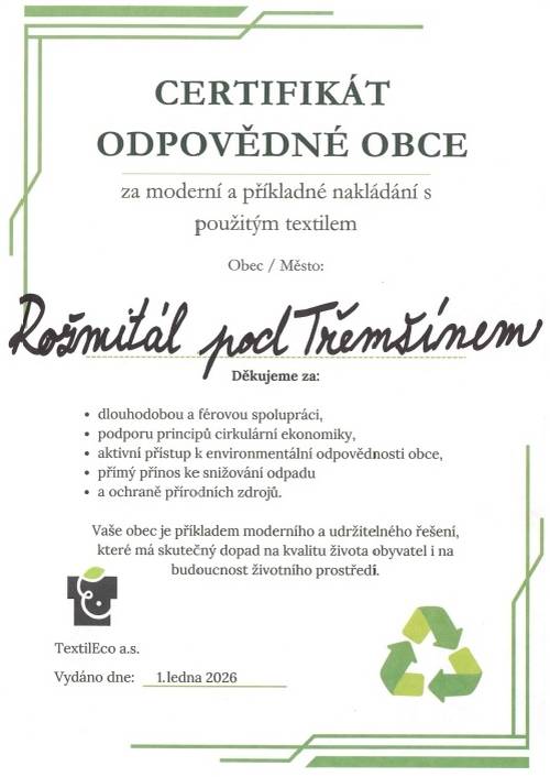 Město Rožmitál pod Třemšínem obdrželo certifikát od společnosti TextilEco a. s. za příkladný sběr textilu a odpovědný přístup k jeho třídění.