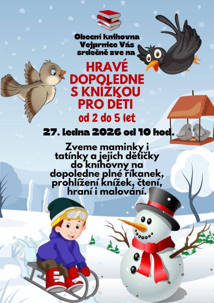 Milé maminky a tatínkové, zveme vás i vaše malé čtenáře na zimní hravé dopoledne plné pohádek, říkanek a tvoření. Přijďte si užít příjemné dopoledne plné čtení a zábavy. Těšíme se na vás!