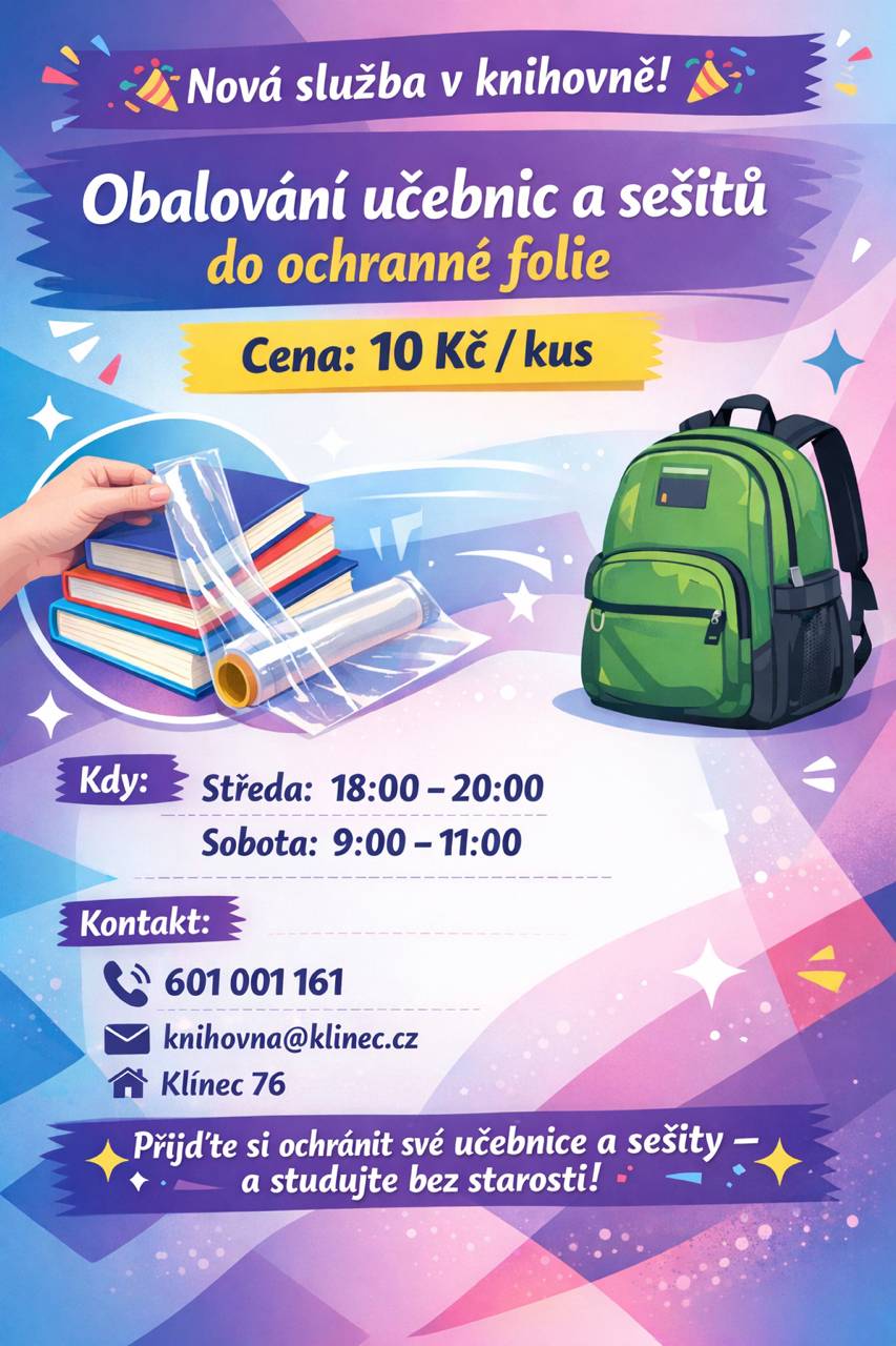 Vážení čtenáři a návštěvníci knihovny, Rádi bychom Vám nabídli novou službu, kterou bude naše knihovna nově poskytovat.   Těšíme se na Vaši návštěvu