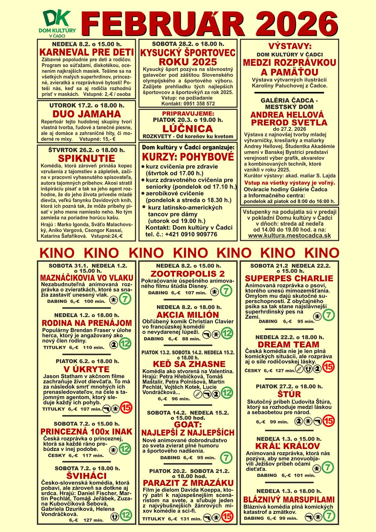 Ponuka programu Domu kultúry Čadca 02/2026