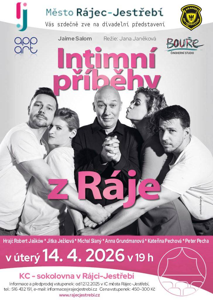 Město Rájec-Jestřebí Vás srdečně zve na jarní divadelní představení Intimní příběhy z Ráje.   Intimní příběhy z Ráje jsou úsměvnou komedií, vtipnou a zajímavou vizí Edenu, ve které se jemným humorem odhalují detaily soužití mezi muži a ženami.