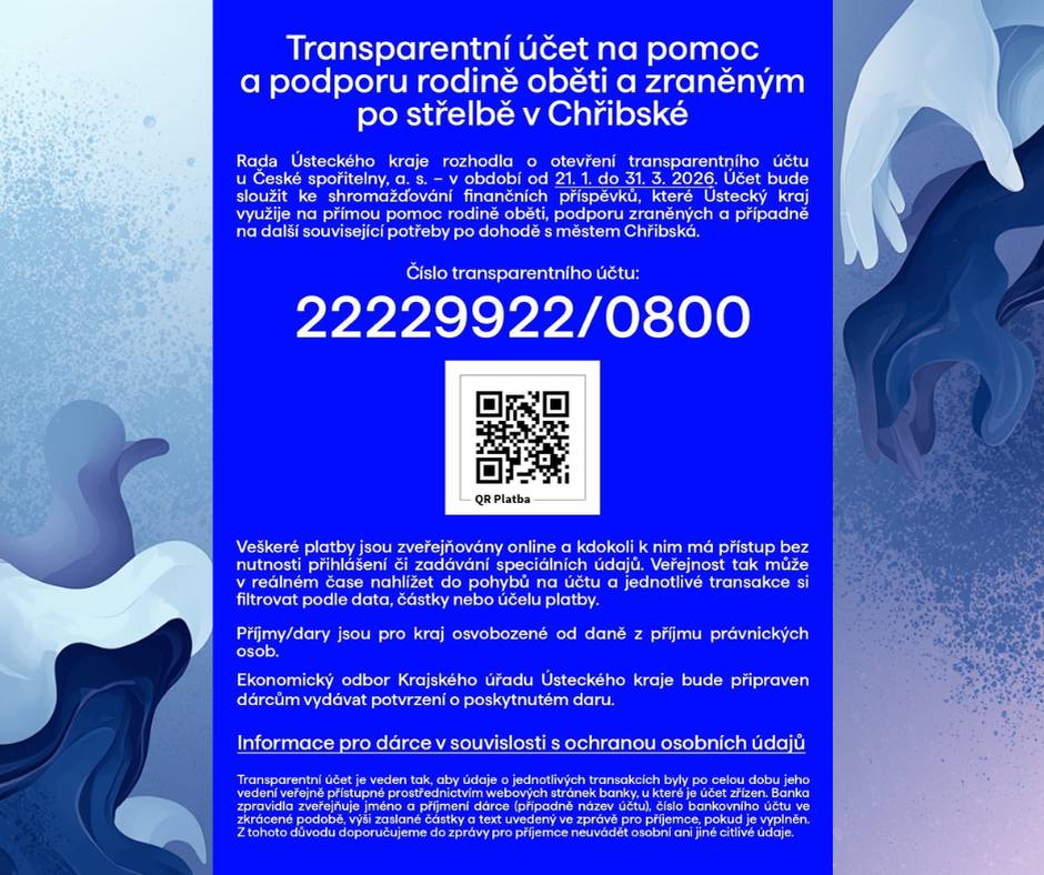 Rozhodnutím krajské Rady byl zřízen transparentní účet na přímou pomoc rodině oběti a zraněným z Chřibské. Ústecký kraj vložil na účet 200 tisíc korun, přispět můžete i vy. Děkujeme.🤜🤛