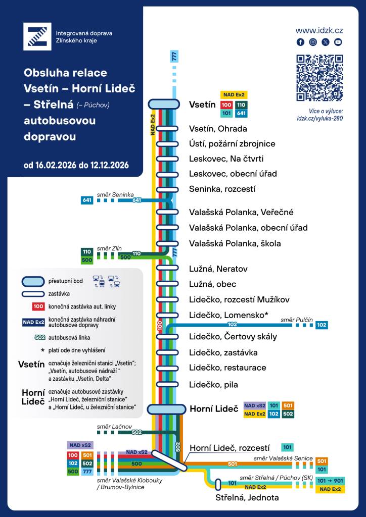 od pondělí 16. února 2026 bude zahájena dlouhodobá výluka na železniční trati 280 mezi Vsetínem, Horní Lidčí a Střelnou. Až do poloviny prosince bude na trati vyloučen veškerý provoz.