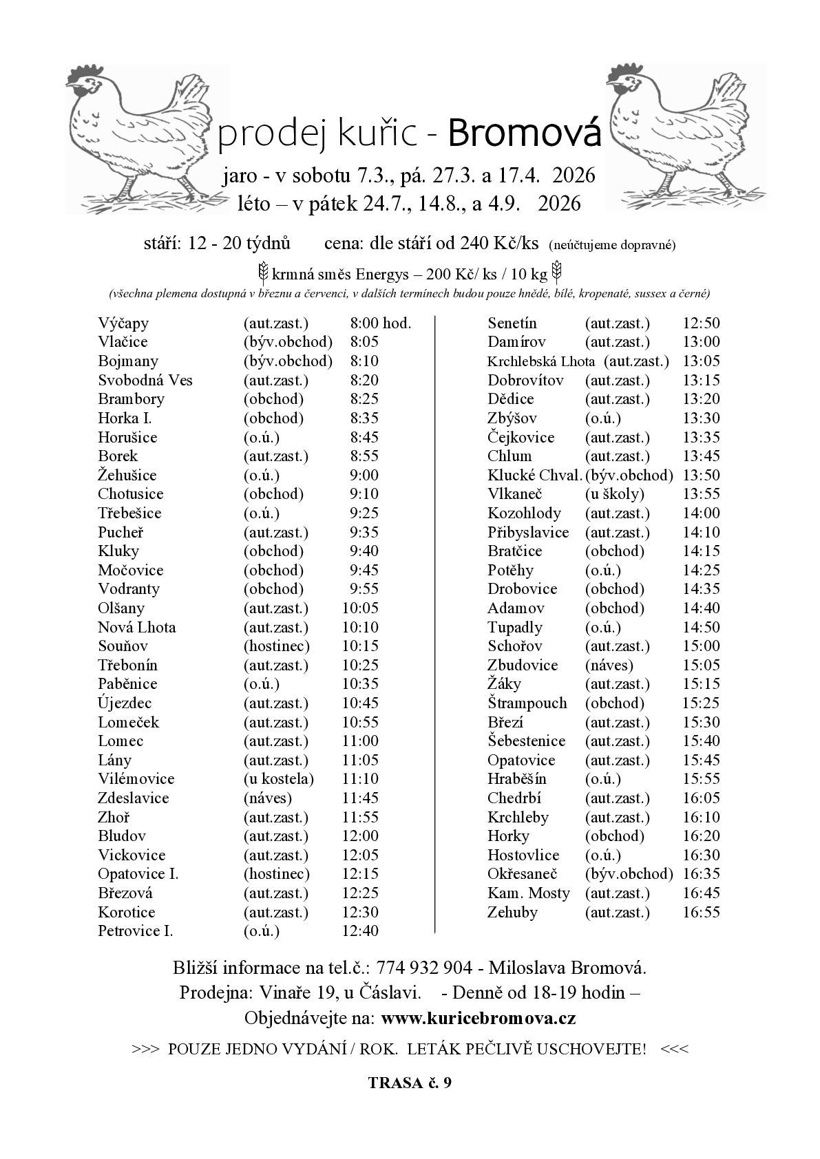 Prodej se uskuteční  v sobotu 7.3. a  pátky 27.3. a 17.4. u obchodu v 9:10 hod. 🐔