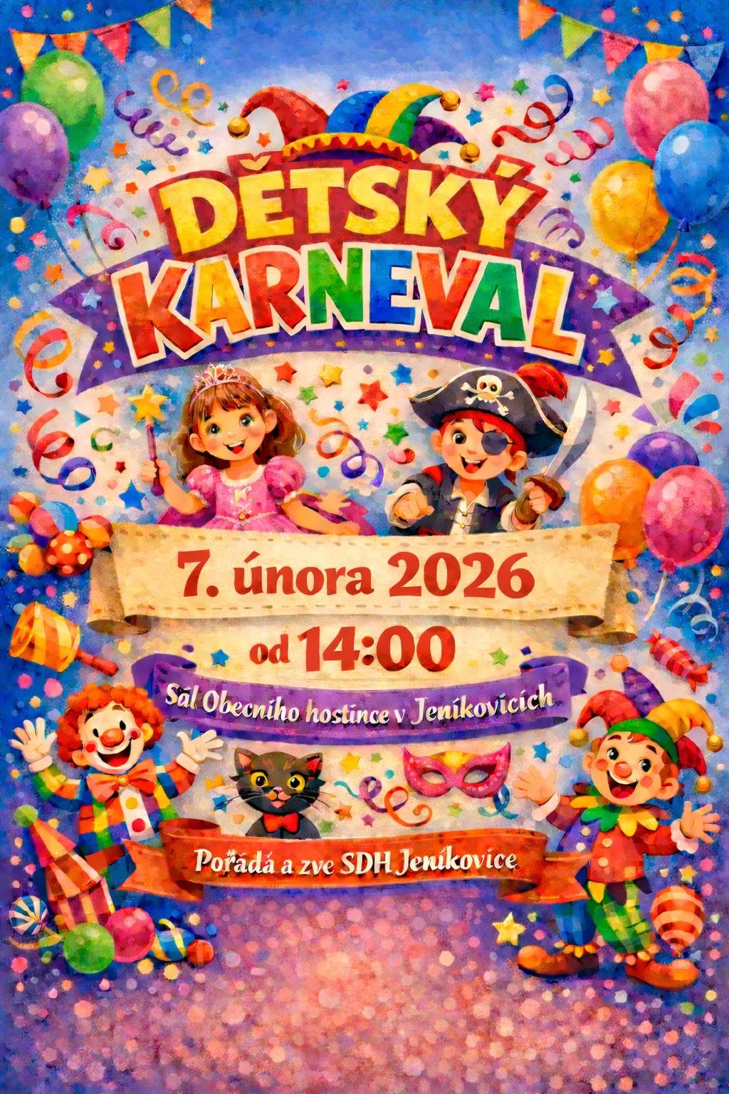 SDH Jeníkovice Vás srdečně zve na dětský karneval. Sobota 7.2.2026 od 14:00 hodin v sále Obecního hostince Jeníkovice.