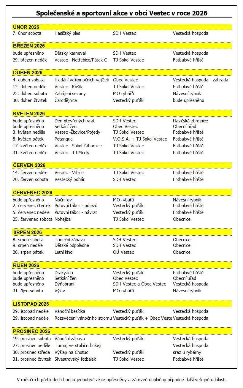 Kalendář akcí v naší obci pro rok 2025 #VestecVesniceKteráŽije