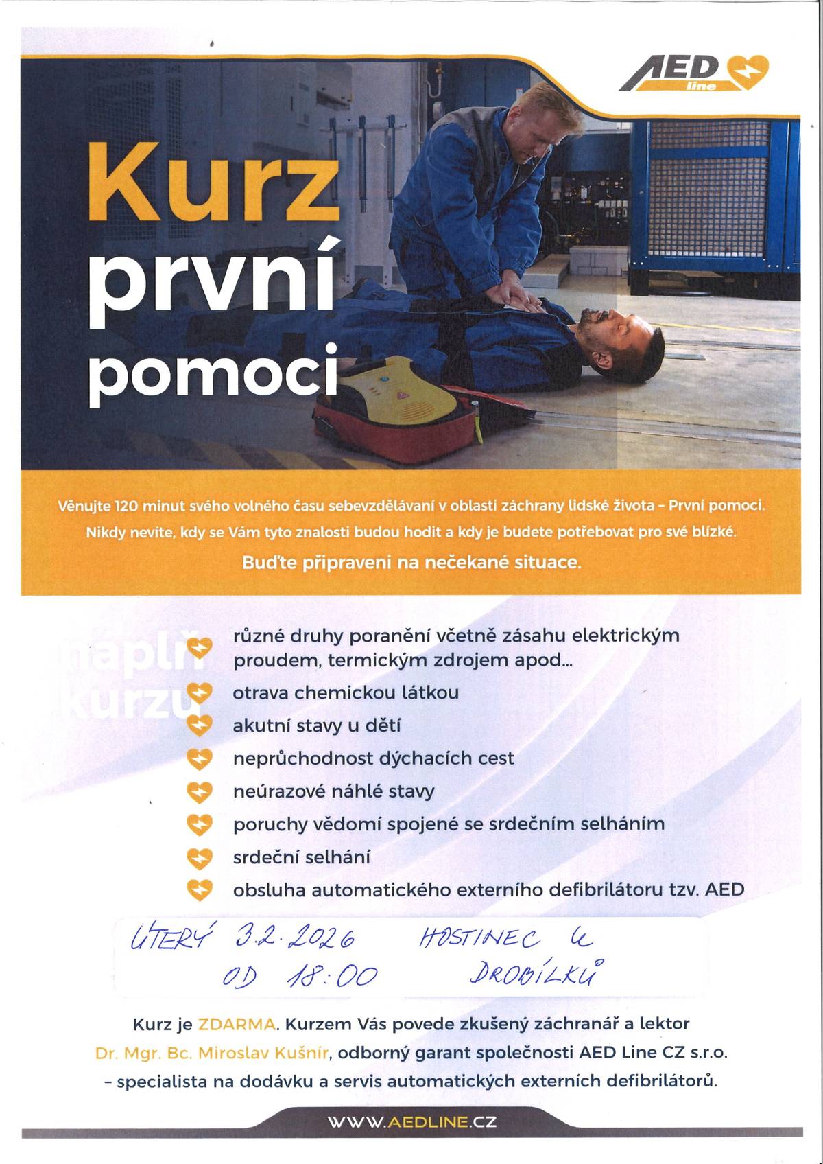 Vážení spoluobčané,  Obec Rabštejnská Lhota ve spoluprcáci s Dr. Mgr. Miroslavem Kušnírem Vás srdečně zve na Kurz první pomoci.  Akce proběhne v úterý 3.2.2026 od 18:00 v Hostinci u Drobílků. Těšíme se na Vaši účast.