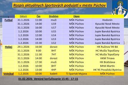 Šport   Dátum   Čas   Družstvo   Zápas       Futbal   31.01.2026   11:00 hod.   muži   MŠK Púchov vs. Hodonín       31.01.2026   14:00 hod.   U1...