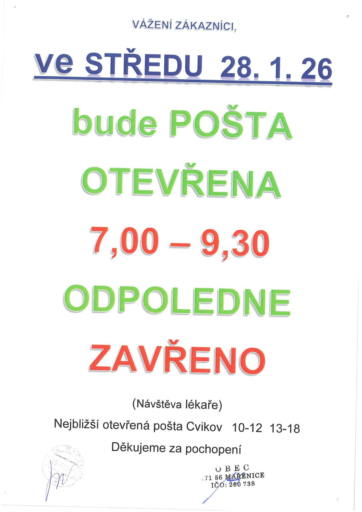 Zítra 28.01.2026 bude Pošta Mařenice zavřená .