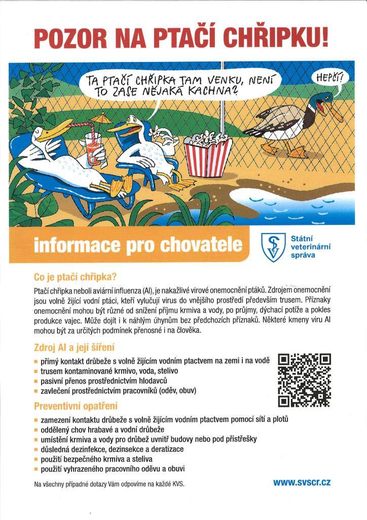 Informace Státní veterinární zprávy - potvrzení ohniska ptačí chřipky