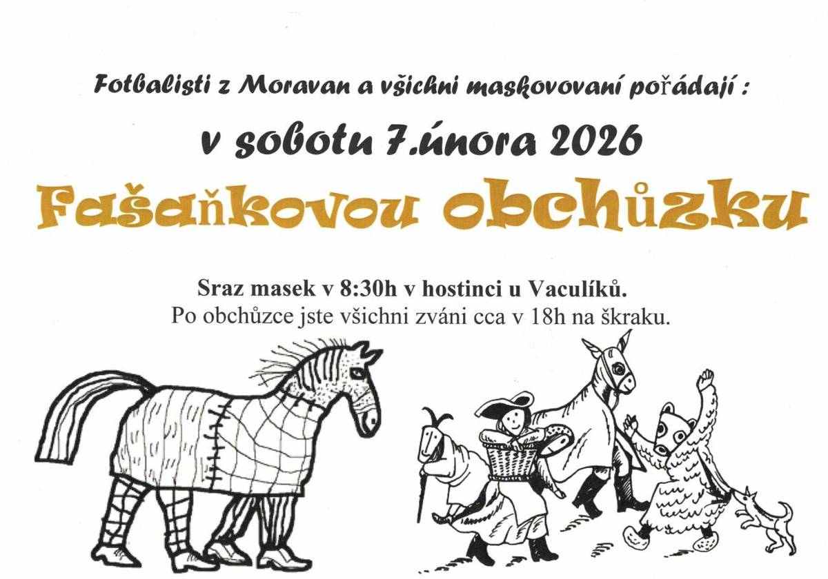 Fotbalisti z Moravan a všichni maskovaní pořádají v sobotu 7.února 2026 Fašańkovou obchůzku.