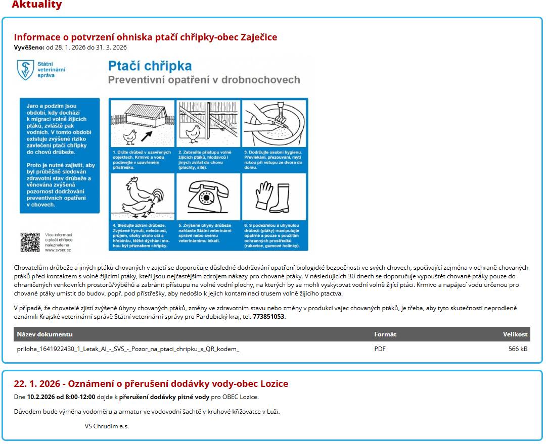 Vážení občané, informujeme o výskytu ptačí chřipky v bezprostření blízkosti obce, věnujte prosím pozornost webu obce - aktualitám, kde naleznete potřebné přílohy. Dále připomínáme odstávku vody dne 10. 2. 2026. S pozdravem BM