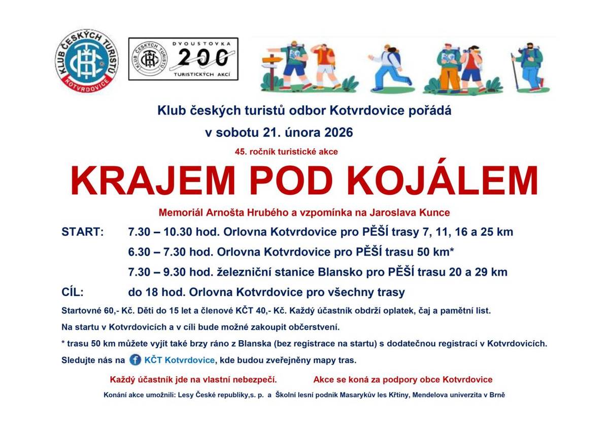 Klub českých turistů odbor Kotvrdovice zve na tradiční turistickou akci Krajem pod Kojálem, která se uskuteční v sobotu 21. února 2026. Připraveny jsou pěší trasy různých délek.