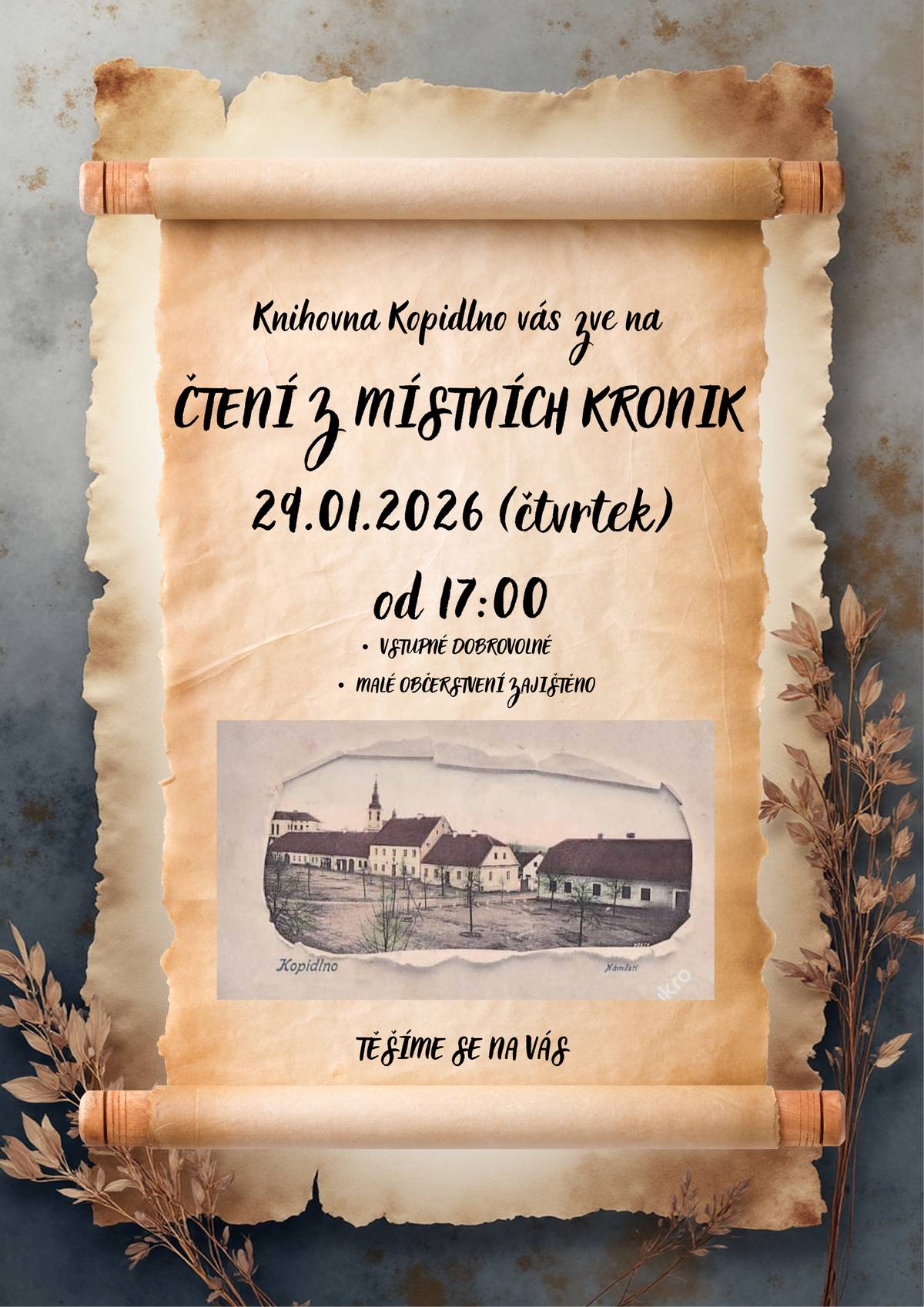 I v tomto roce budeme pokračovat ve čtení místních kronik. Tentokrát se společně přeneseme do roku 1935 a nahlédneme do života našeho města v této době. 📅 29. ledna 2026 (čtvrtek) 🕔 od 17:00 📍 Knihovna Kopidlno                   Vstupné dobrovolné. Malé občerstvení zajištěno. Těšíme se na Vás!