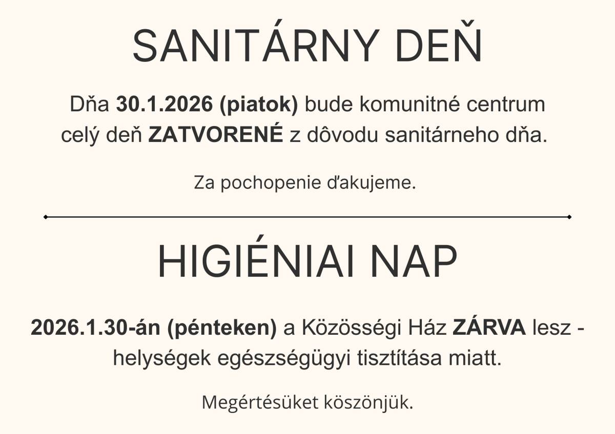 Komunitné centrum 30.1.2026 (piatok) bude ZATVORENÉ.