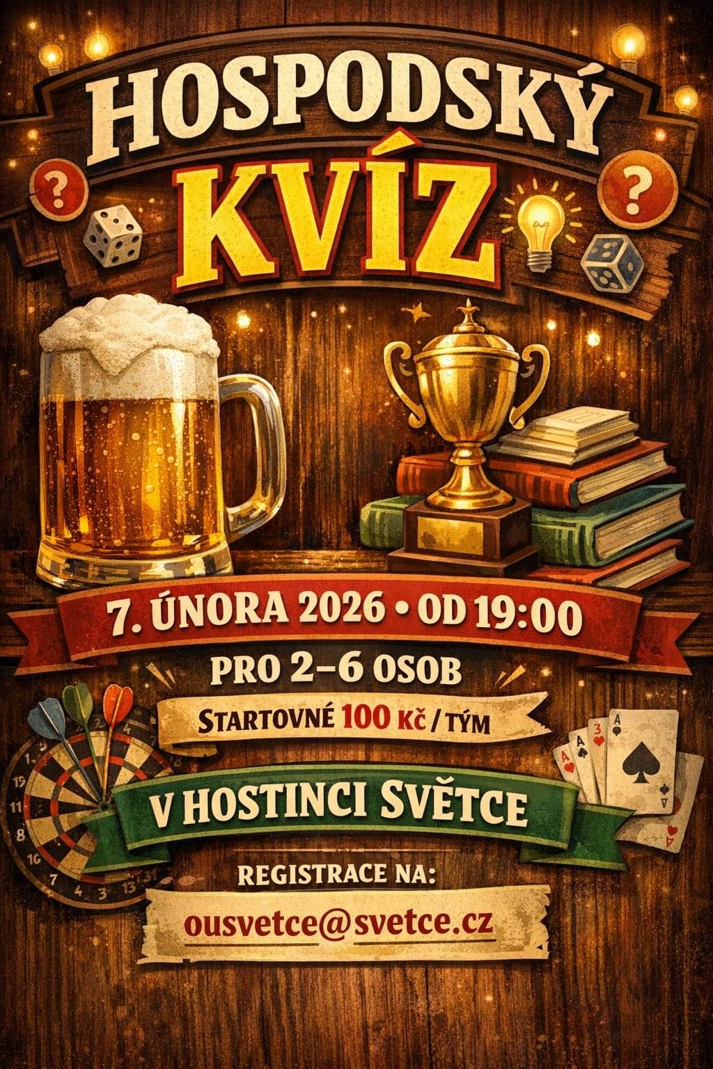 Poskládejte tým a přijďte si zasoutěžit. Otázky jsou poskládány do různých okruhů, takže si každý přijde na své. Těšíme se na Vás. Registrace prosím dopředu na ousvetce@svetce.cz.