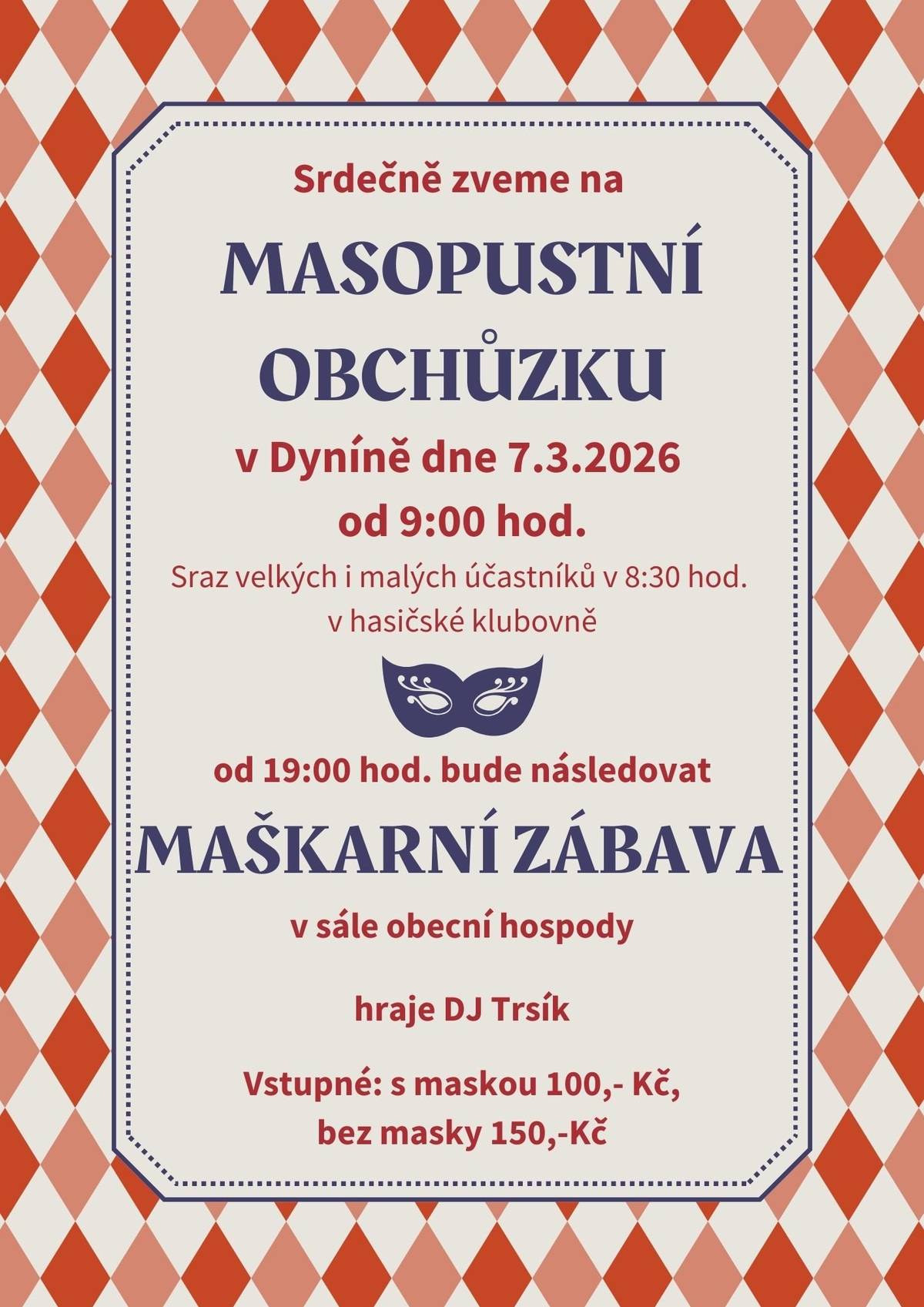 Masopustní obchůzka a maškarní zábava 7. 3. 2026