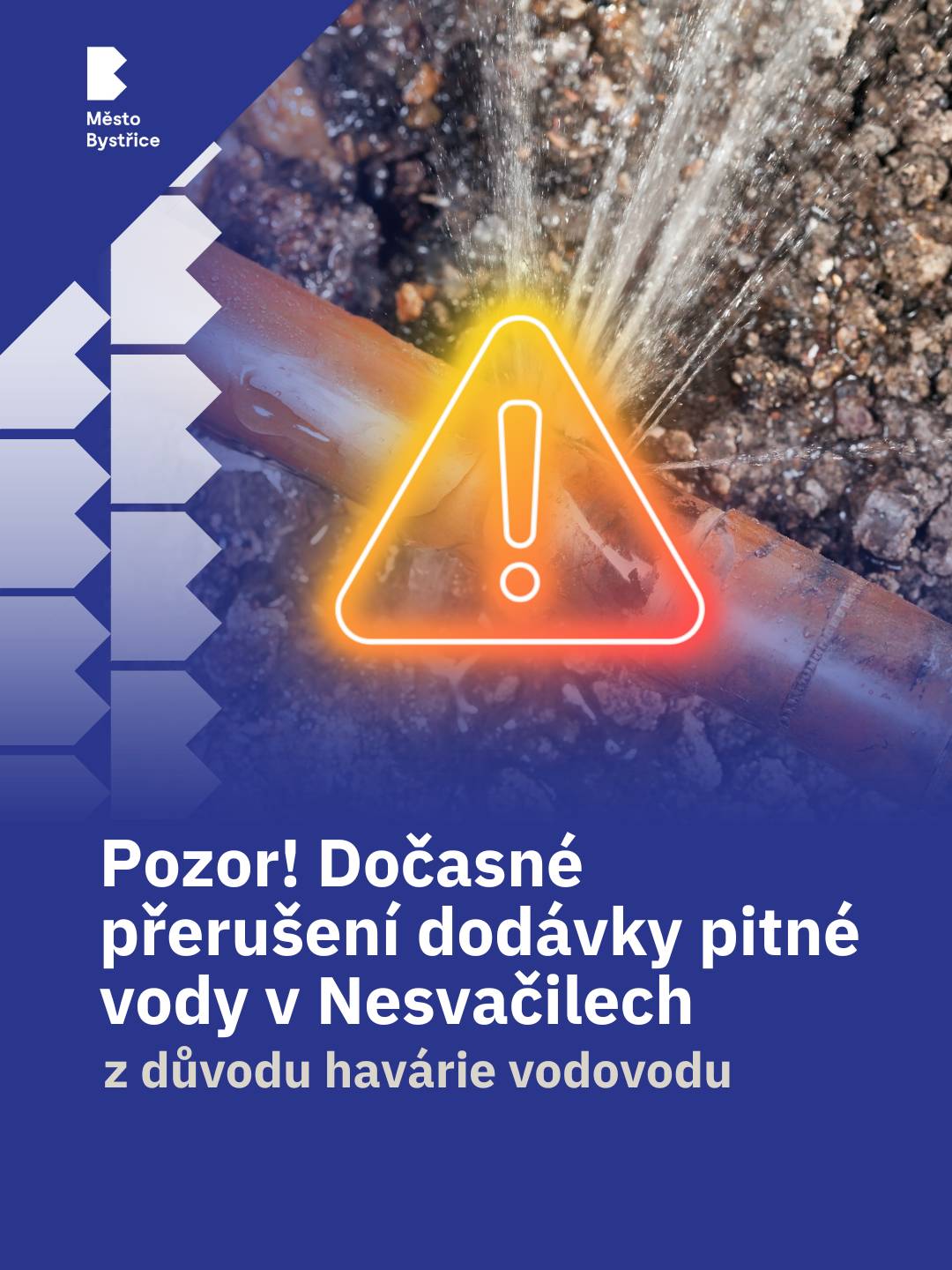 V Nesvačilech došlo k havárii na vodovodním řadu. Od 16 hod dojde k přerušení dodávky pitné vody v části Nesvačil (od č.p. 22 směrem na Tvoršovice). Pitná voda je zajištěna přistavenou cisternou. Předpokládáme, že oprava bude dokončena zítra, tj. 27. ledna 2026. Omlouváme se za komplikace a děkujeme za pochopení.