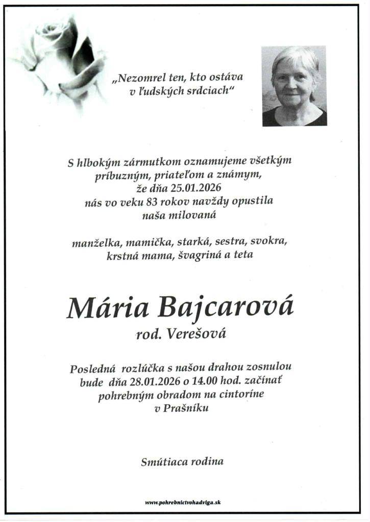 Smútočné oznámenie - Mária Bajcarová, rod. Verešová