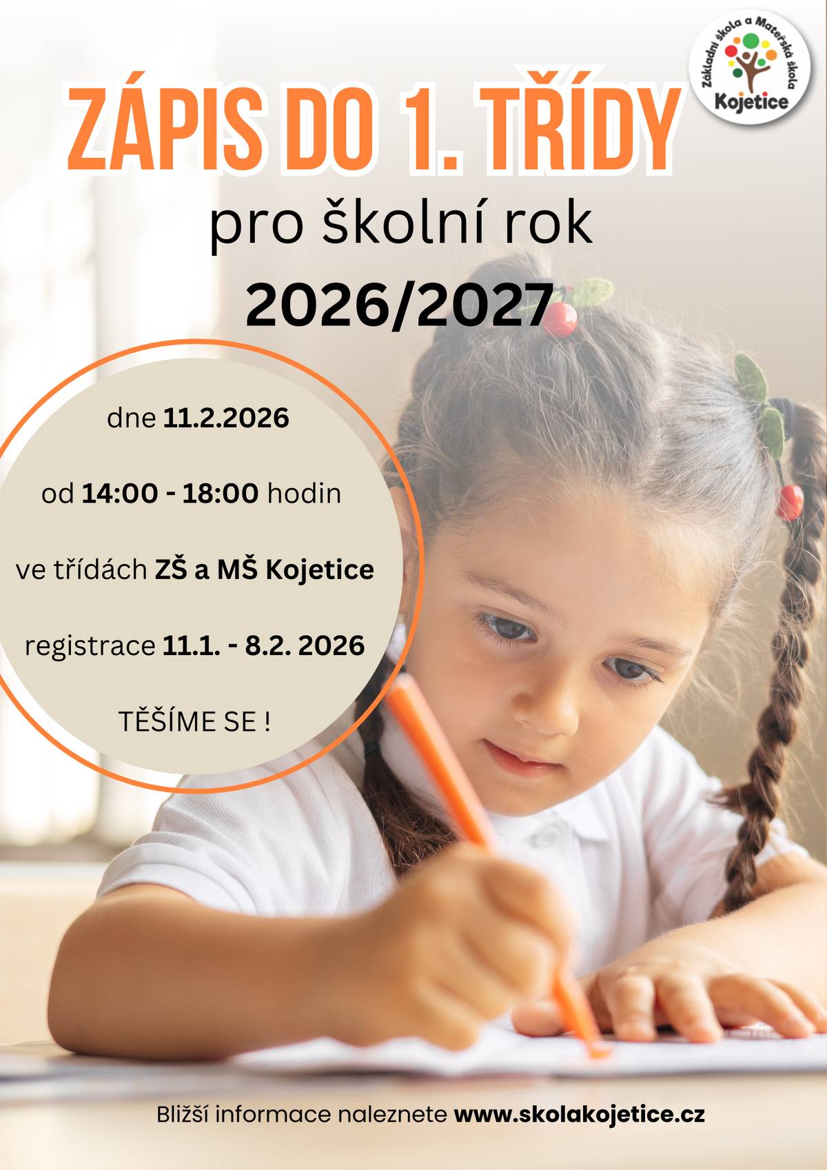 V ZŠ a MŠ Kojetice, Moravcova 26 se na Vás těšíme ve středu 11. února 2026 od 14 do 18 hodin. Registrace od 11. ledna do 8. února 2026. Bližší informace naleznete www.skolakojetice.cz