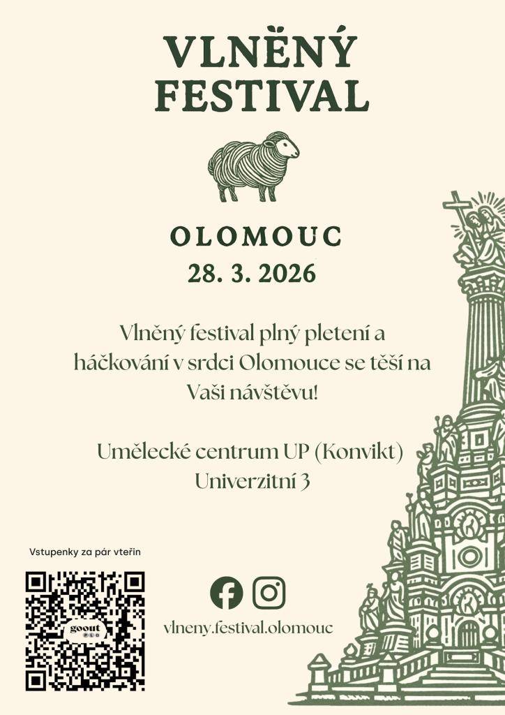 Vlněný festival plný pletení a háčkování se koná 28. března 2026 v Olomouci. Navštivte Umělecké centrum UP (Konvikt) a ponořte se do světa vlny a textilního umění.