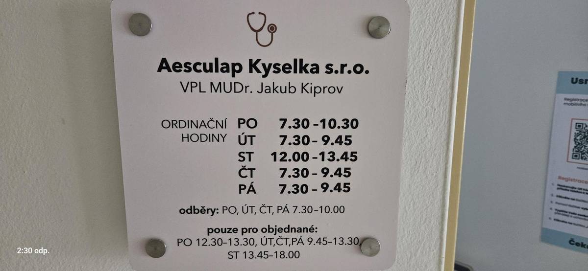 Změna ordinačních hodin MUDr. Kiprov: PO 7.30-10.30, ÚT 7.30-9.45, ST 12.00-13.45, ČT 7.30-9.45, PÁ 7.30-9.45. Pouze pro objednané: PO 12.30-13.30, ÚT, ČT, PÁ 9.45-13.30, ST 13.45-18.00