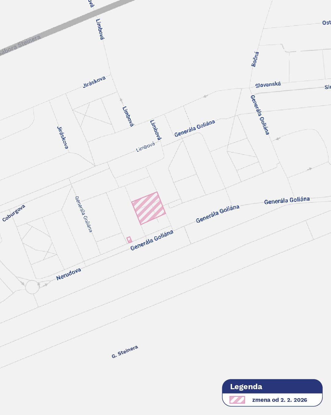 Práce na obnove obytného súboru Generála Goliana pokračujú. Sídlisko sa postupne zmení na moderný verejný priestor, avšak revitalizácia prináša so sebou aj nevyhnutné dopravné obmedzenia. Od pondelka 2. februára 2026 bude dočasne potrebné zabrať pre účely stavby dvadsať parkovacích miest v dotknutom úseku vyznačenom na mapke. Po ukončení prác budú parkovacie miesta opäť sprístupnené. Ďakujeme obyvateľom Linčianskej za pochopenie a trpezlivosť.