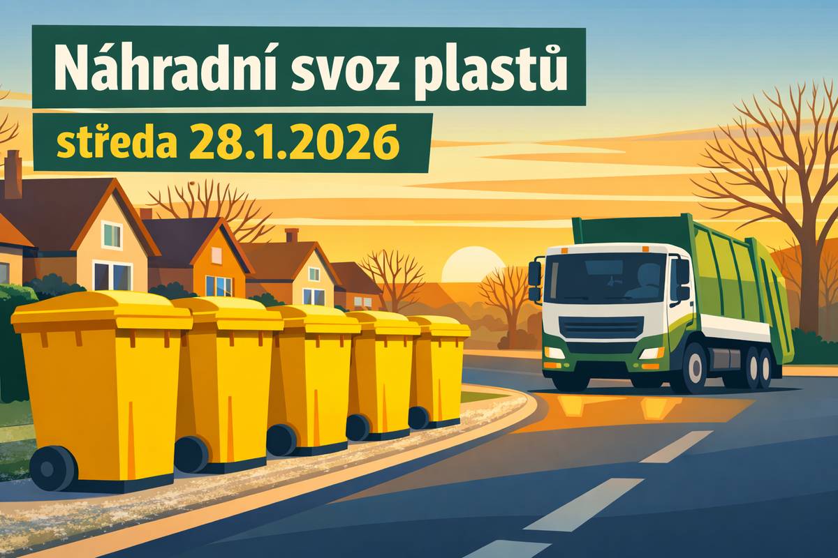 Z důvodu nepřízně počasí a ledovky nebyly v pátek 23.1. 2026 vyvezeny plasty. Náhradní svoz plastů proběhne ve středu, 28.1. 2026 v obvyklých hodinách. Doporučujeme nádoby přistavit dnes večer.