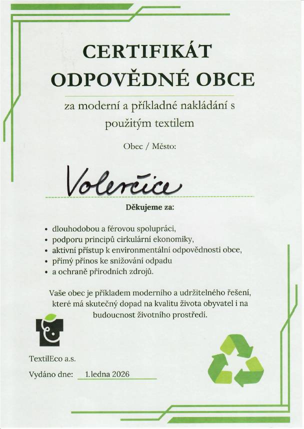 Seznamujeme občany s udělením certifikátu za sběr textilu a současně Vás všechny vyzýváme k třídění dalších recyklovatelných odpadů viz příloha.  Děkujeme