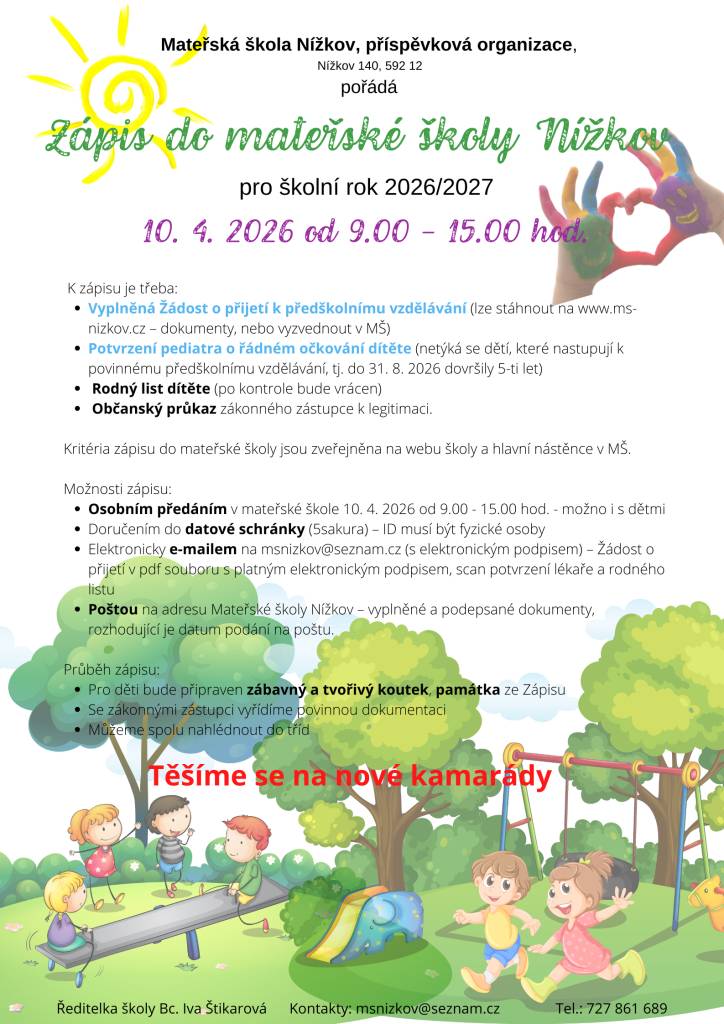 Mateřská škola Nížkov organizuje zápis dětí na školní rok 2026/2027, který proběhne 10. dubna 2026 od 9.00 do 19.00 hodin. Rodiče musí předložit vyplněnou žádost o přijetí, potvrzení o očkování, rodný list dítěte a občanský průkaz. Zápis je možné provést osobně, elektronicky nebo zasláním poštou.