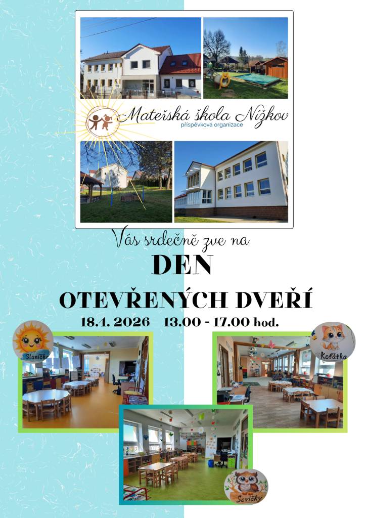 Zveme vás na Den otevřených dveří, který se uskuteční 18. dubna 2026 od 13:00 do 17:00 hodin. Přijďte se podívat na naši nabídku a aktivity, které pro vás máme připravené.