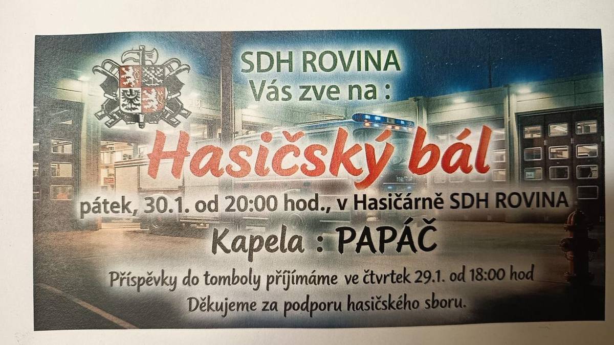 SDH Rovina Vás zve na Hasičský bál tento pátek 30.1.2026